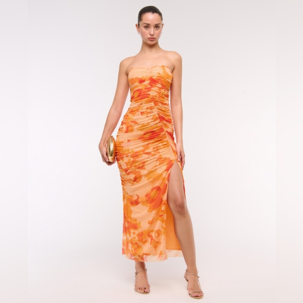 Abercrombie Mesh Strapless Ruched Maxi Dress